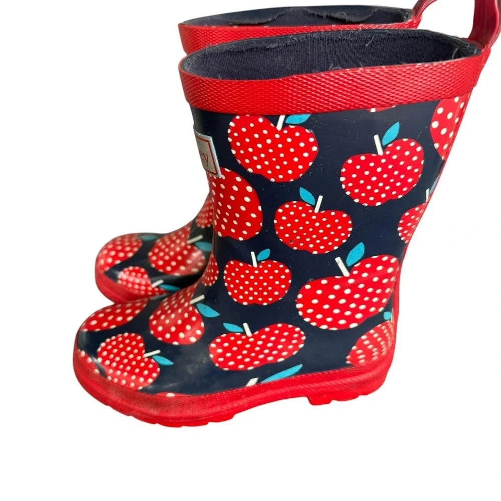 Hatley Rain Boots Kids Size 11 Navy Red Apple Print Waterproof Rubber Shoes